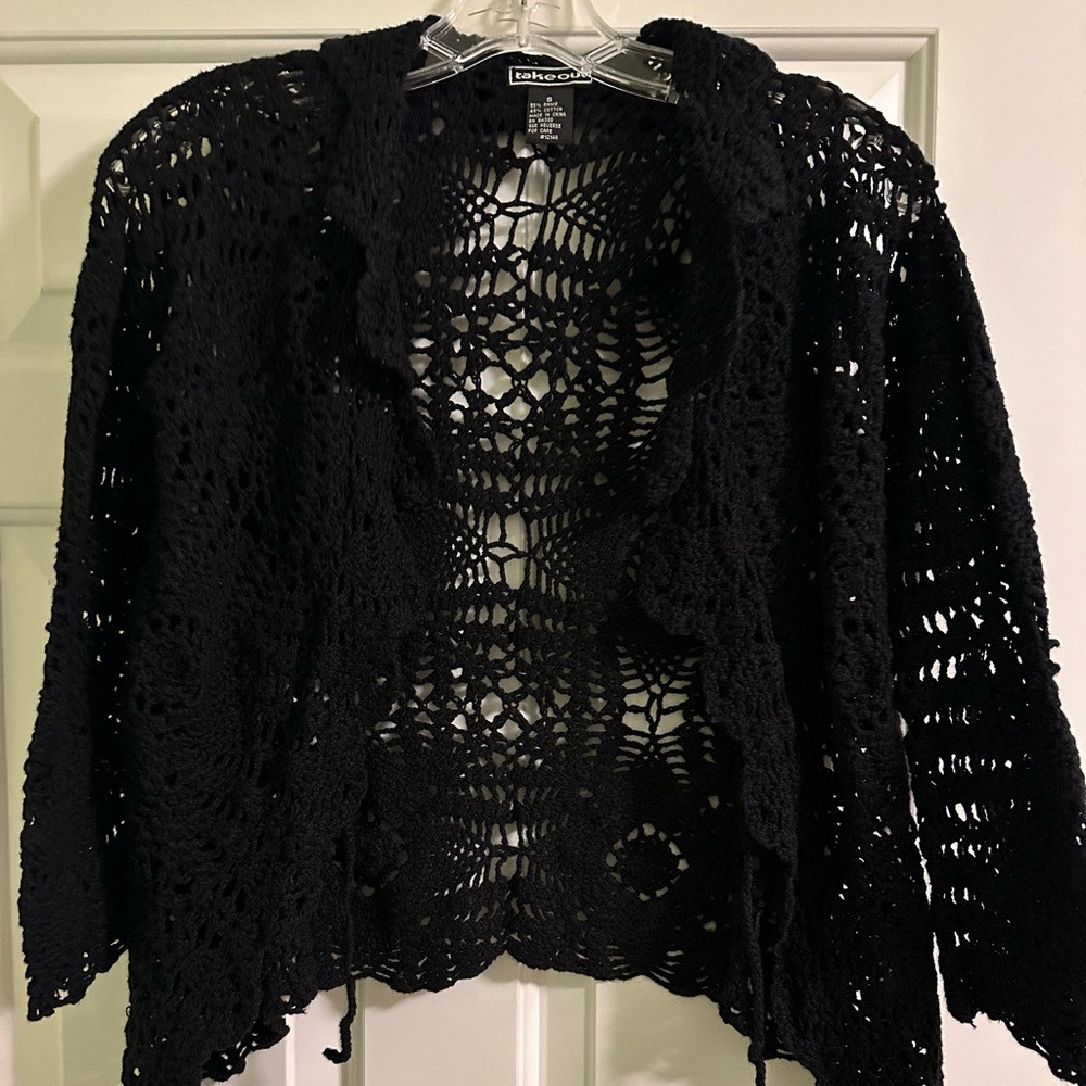 Vintage Y2K black open knit crochet cardigan size s